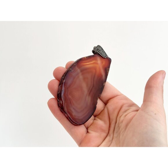 Brown Sliced Agate Stone Freeform Shaped Large Silver Toned Vintage Pendant - Picture 10 of 14